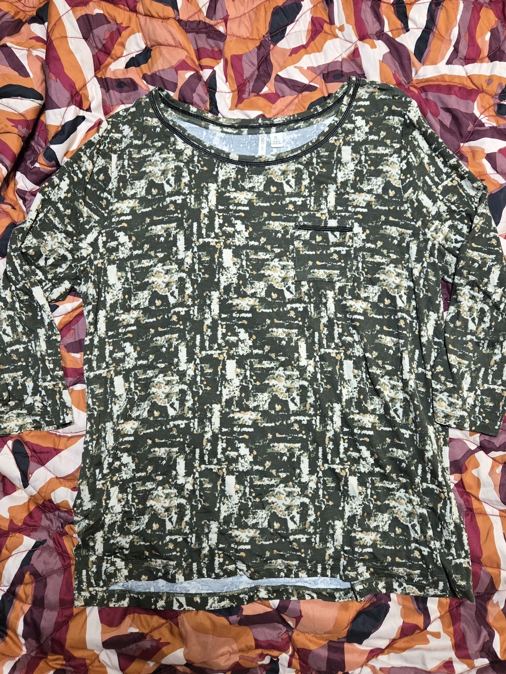 Cato Olive Green Abstract Print Scoop Neck 3/4 Long Sleeve Top